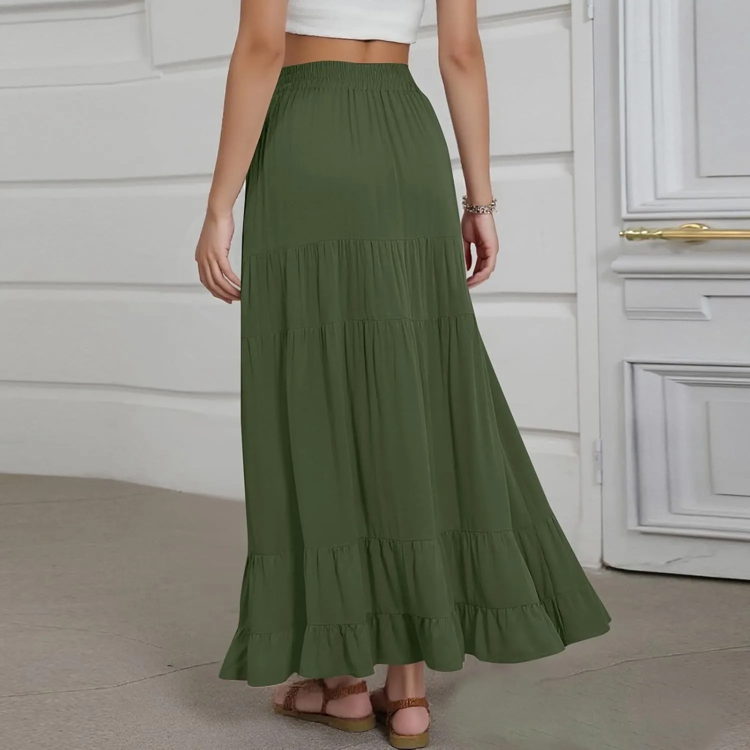 Summer Maxi Skirts for Women 2025 Long Elastic High Waisted Tiered Skirt Casual Boho Pleated A Line Beach Flowy Skirts