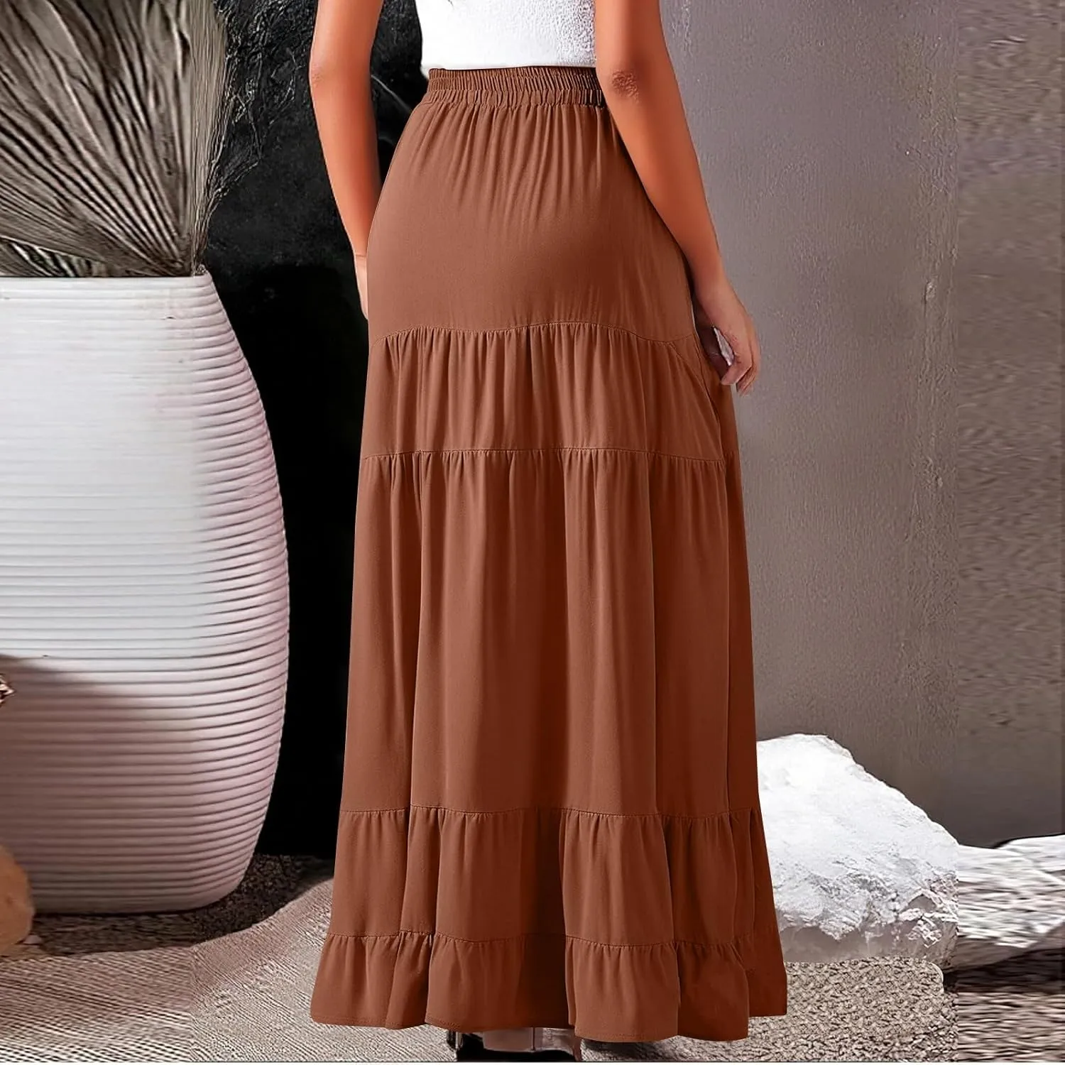 Summer Maxi Skirts for Women 2025 Long Elastic High Waisted Tiered Skirt Casual Boho Pleated A Line Beach Flowy Skirts