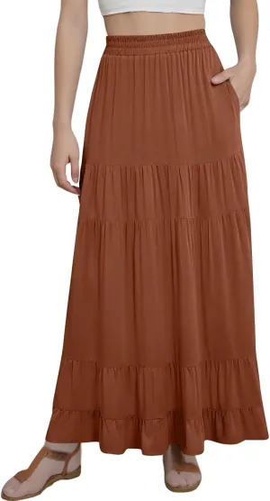 Summer Maxi Skirts for Women 2025 Long Elastic High Waisted Tiered Skirt Casual Boho Pleated A Line Beach Flowy Skirts