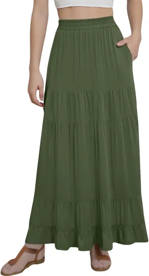 Summer Maxi Skirts for Women 2025 Long Elastic High Waisted Tiered Skirt Casual Boho Pleated A Line Beach Flowy Skirts