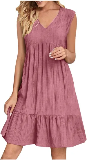 Summer Mini Dress for Women 2025 Pleated Ruffle Dresses Sleeveless V Neck Patchwork Sundress Beach Vacation Outfits