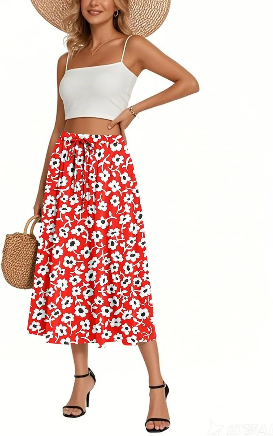 Summer Skirt for Women 2025 Elastic Waist Drawstring Floral Pattern A-Line Skirts with Pockets Elegant Skirt