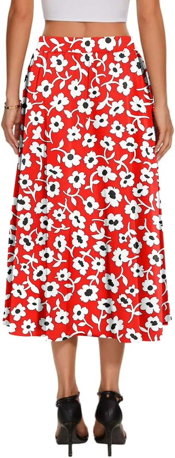 Summer Skirt for Women 2025 Elastic Waist Drawstring Floral Pattern A-Line Skirts with Pockets Elegant Skirt