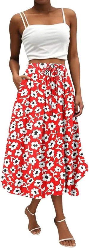 Summer Skirt for Women 2025 Elastic Waist Drawstring Floral Pattern A-Line Skirts with Pockets Elegant Skirt