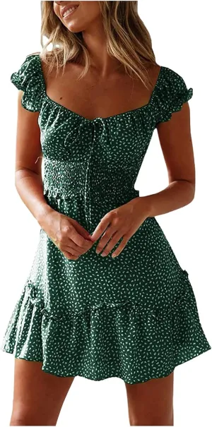 Summer Womens Smocked Dresses Ruffle Floral Tie Front Boho Sundress Sexy Fashion Print Neckline Mini Dress