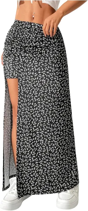 SweatyRocks Women's Floral Print Split Thigh Mid Waist Boho Vacation Long Skirts