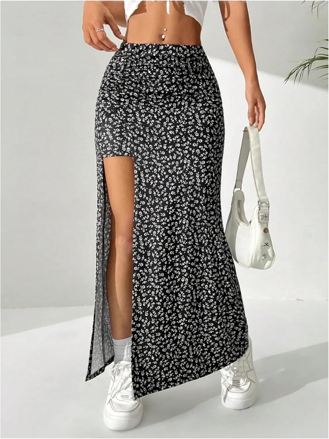 SweatyRocks Women's Floral Print Split Thigh Mid Waist Boho Vacation Long Skirts