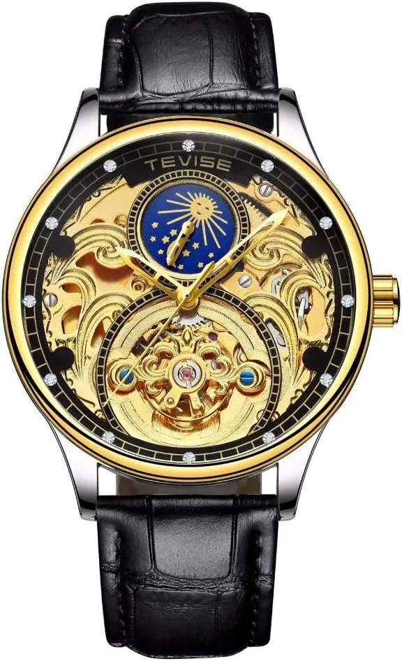 TEVISE Brand Mens Watches Skeleton Big Dial Automatic Mechanical Watch Leather Luxury Business Wristwatch