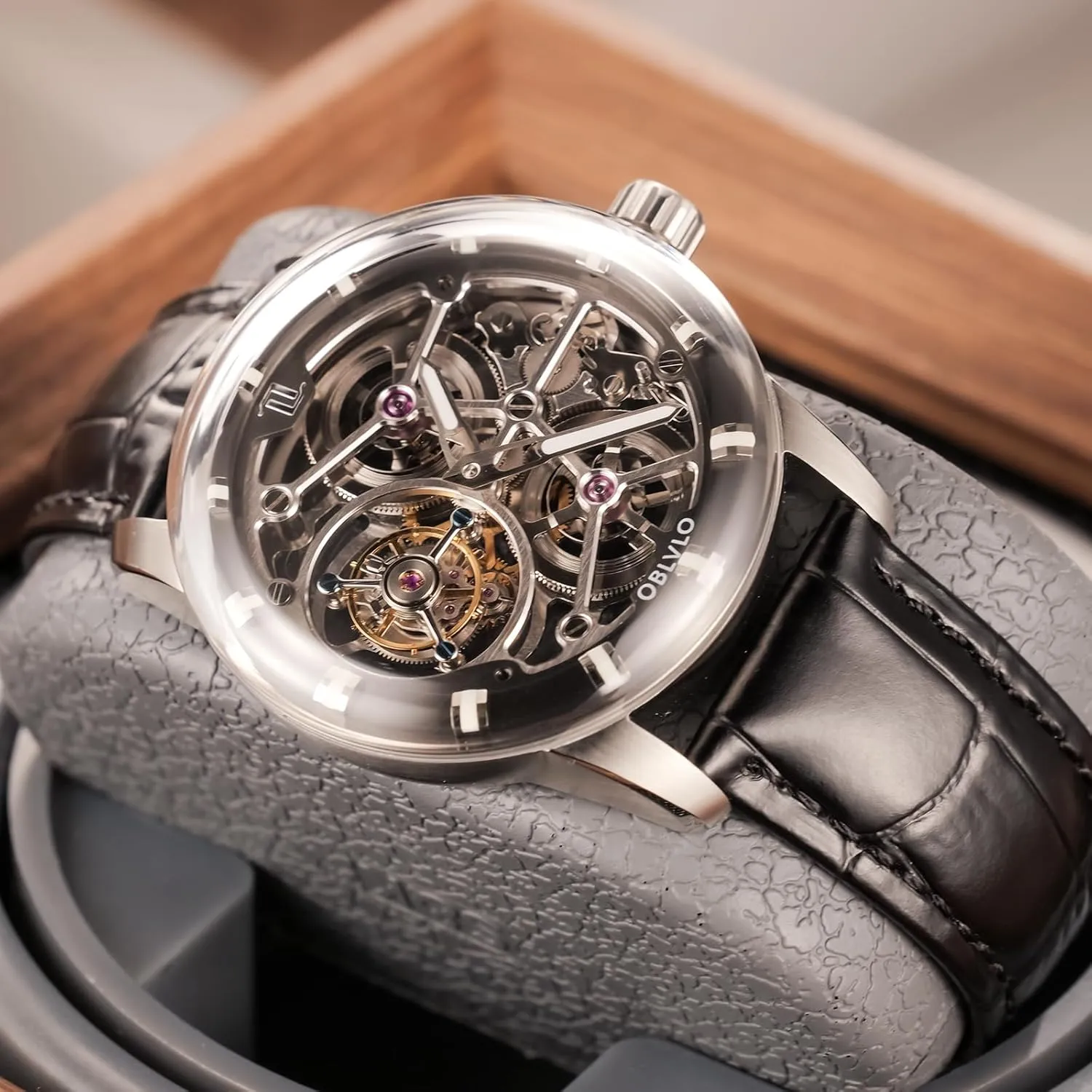 Top Luxury Rose Gold Mechanical Men Watch Genuine Leather Skeleton Dial Tourbillon Manual-Wind Gent Watches IM-SK-TB