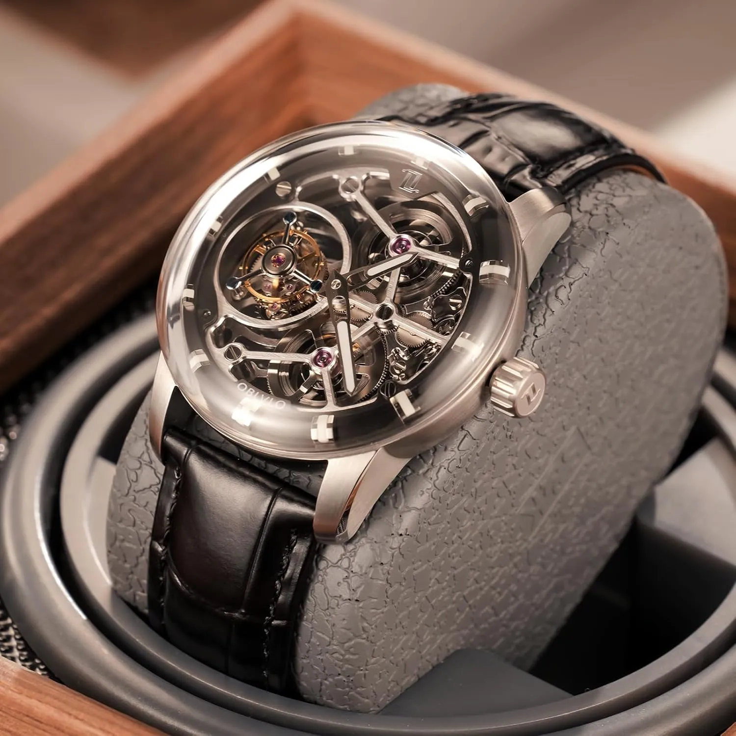 Top Luxury Rose Gold Mechanical Men Watch Genuine Leather Skeleton Dial Tourbillon Manual-Wind Gent Watches IM-SK-TB