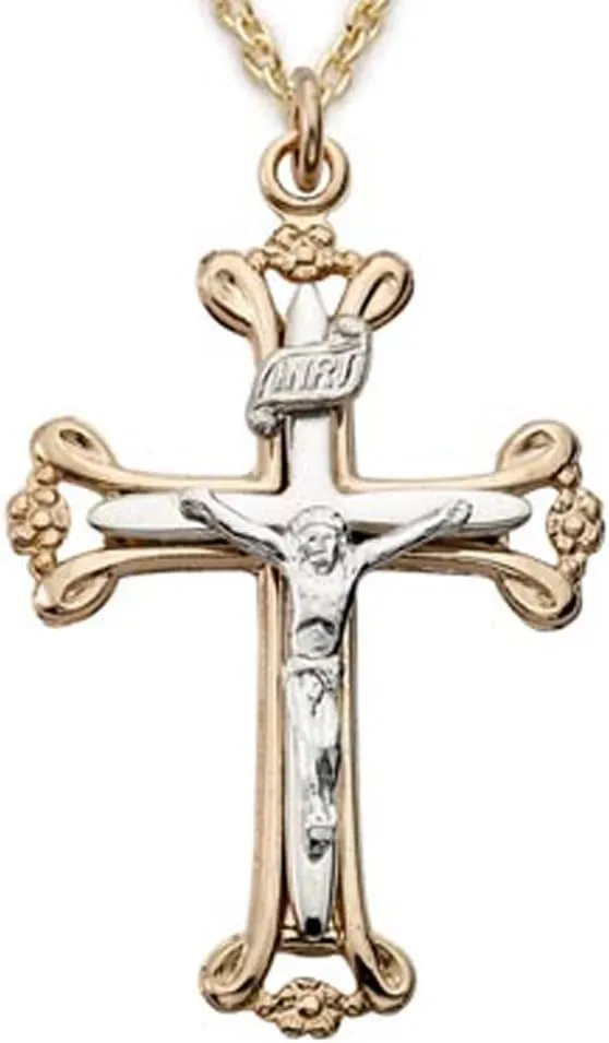 True Faith Jewelry Two-Tone Sterling Silver Jesus Crucifix Cross Pendant Necklace Gold Plated Religious Jewelry, 1 1/8 Inch