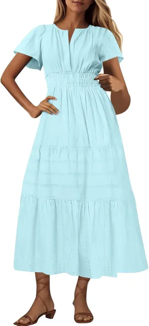 TUNUSKAT Womens Maxi Summer Dresses with Sleeve 2025 Elegant Cut V Neck Pleated Tiered Long Dress Casual Flowy Beach Sundress