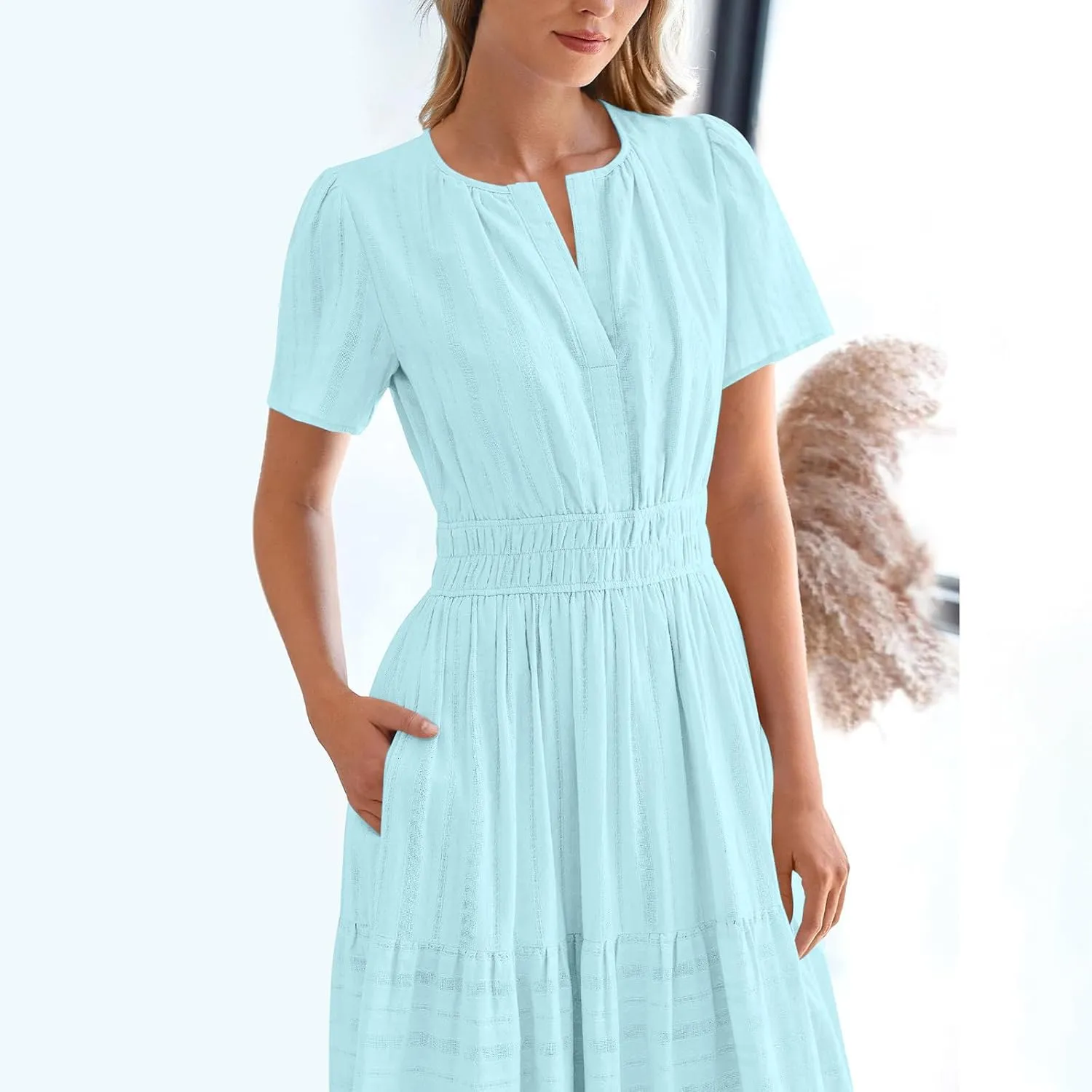 TUNUSKAT Womens Maxi Summer Dresses with Sleeve 2025 Elegant Cut V Neck Pleated Tiered Long Dress Casual Flowy Beach Sundress