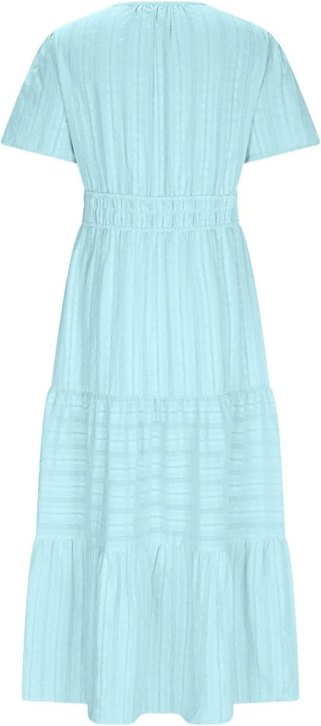 TUNUSKAT Womens Maxi Summer Dresses with Sleeve 2025 Elegant Cut V Neck Pleated Tiered Long Dress Casual Flowy Beach Sundress