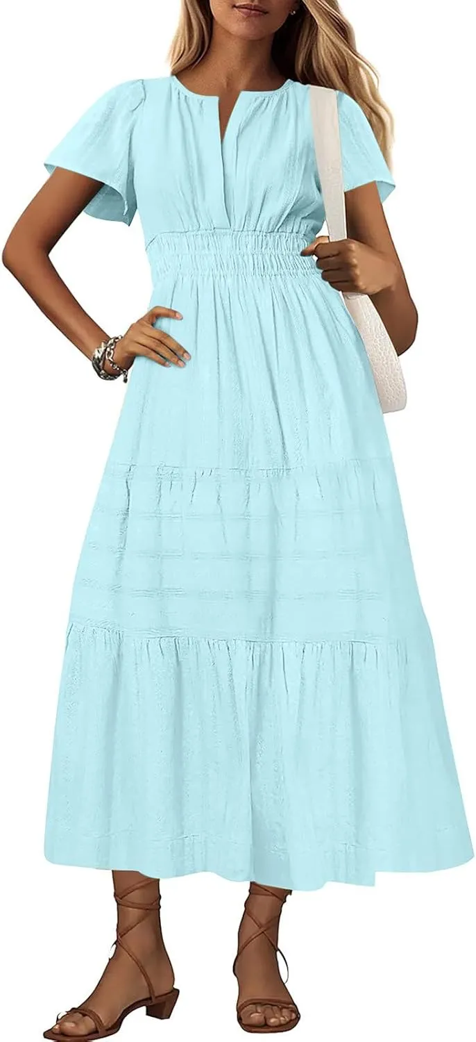 TUNUSKAT Womens Maxi Summer Dresses with Sleeve 2025 Elegant Cut V Neck Pleated Tiered Long Dress Casual Flowy Beach Sundress