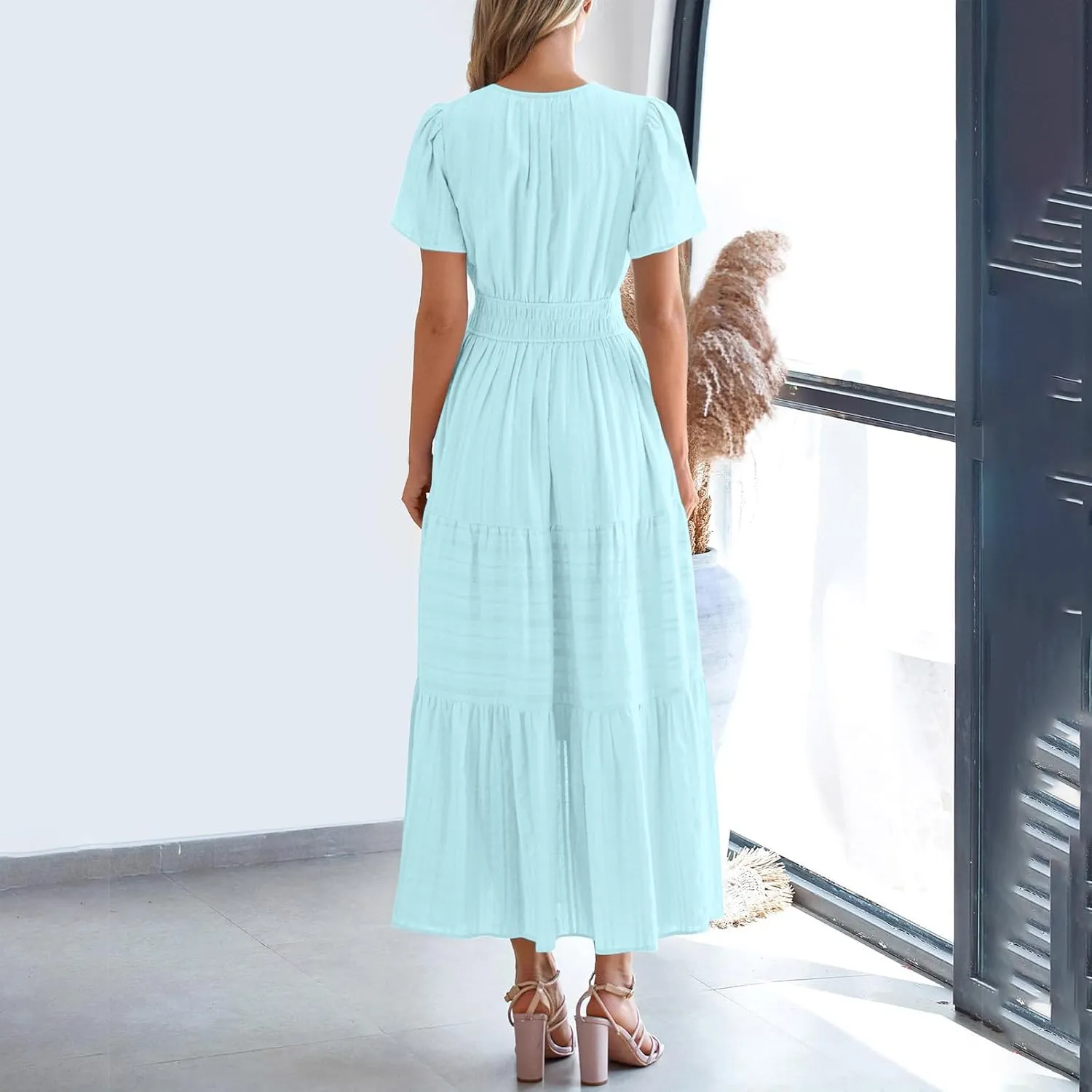 TUNUSKAT Womens Maxi Summer Dresses with Sleeve 2025 Elegant Cut V Neck Pleated Tiered Long Dress Casual Flowy Beach Sundress