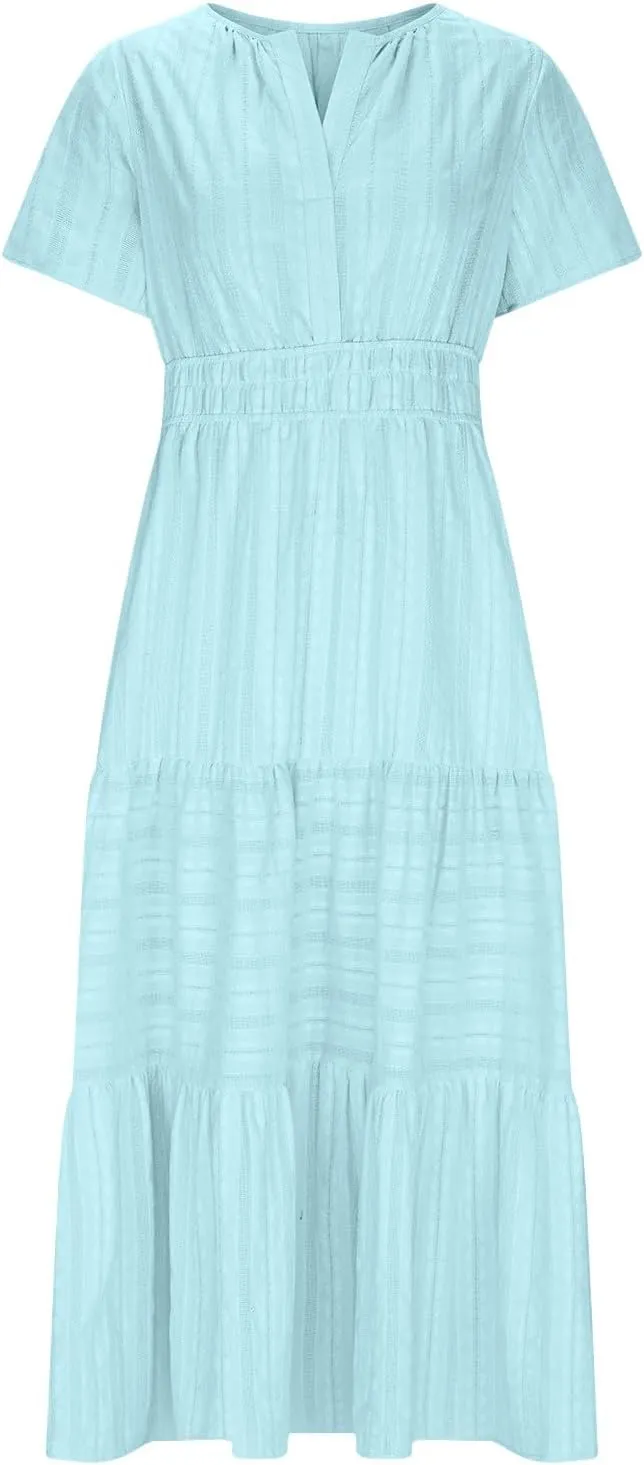 TUNUSKAT Womens Maxi Summer Dresses with Sleeve 2025 Elegant Cut V Neck Pleated Tiered Long Dress Casual Flowy Beach Sundress