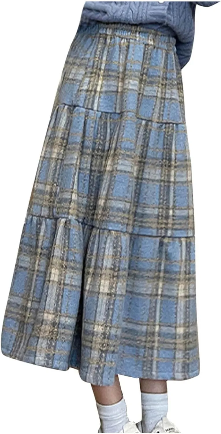 Tweed Skirts for Women Splicing Patchwork High Waisted Elastic Over Keen Length Skirt Plus Size Flowy Skirt Fashion