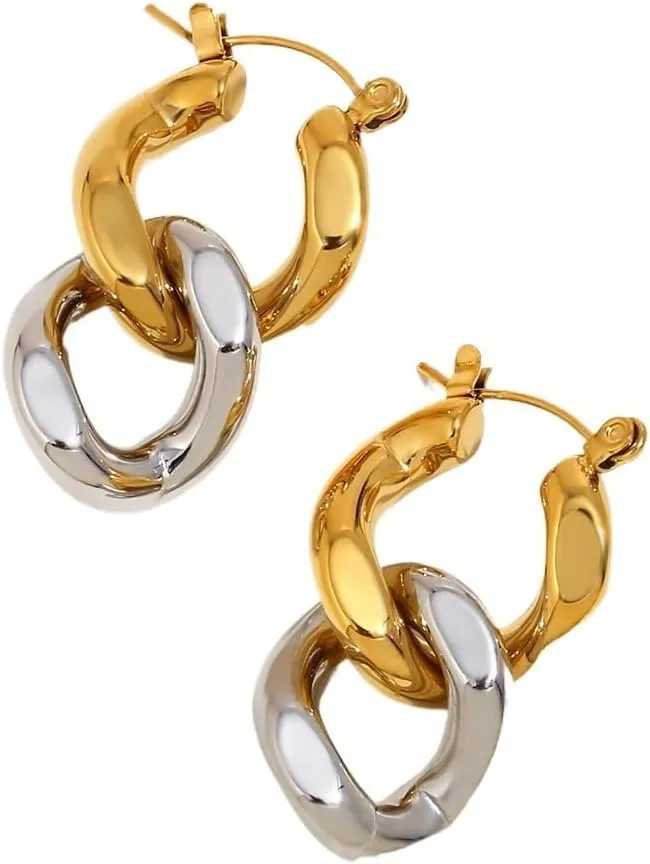 Two-Tone Chain Stud Earrings  18K Gold-Plated Stainless Steel Mixed Metal Drop Earrings, Minimalist Geometric Style for Women