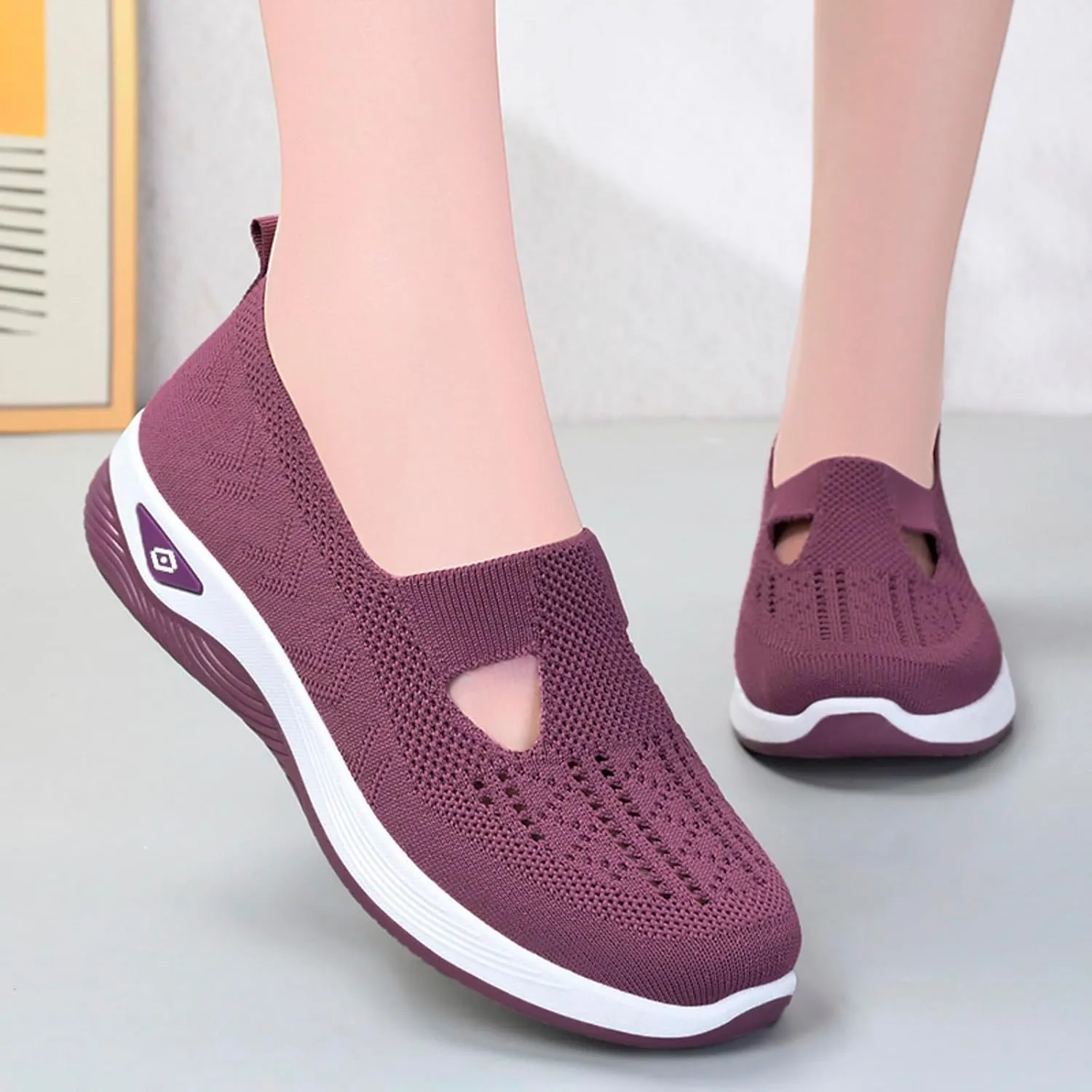 uhnmki Orthowalkway Womens Shoes, Women's Comfortable Breathable Slip-On Knitted Sneakers, Orthopedic Shoes for Women