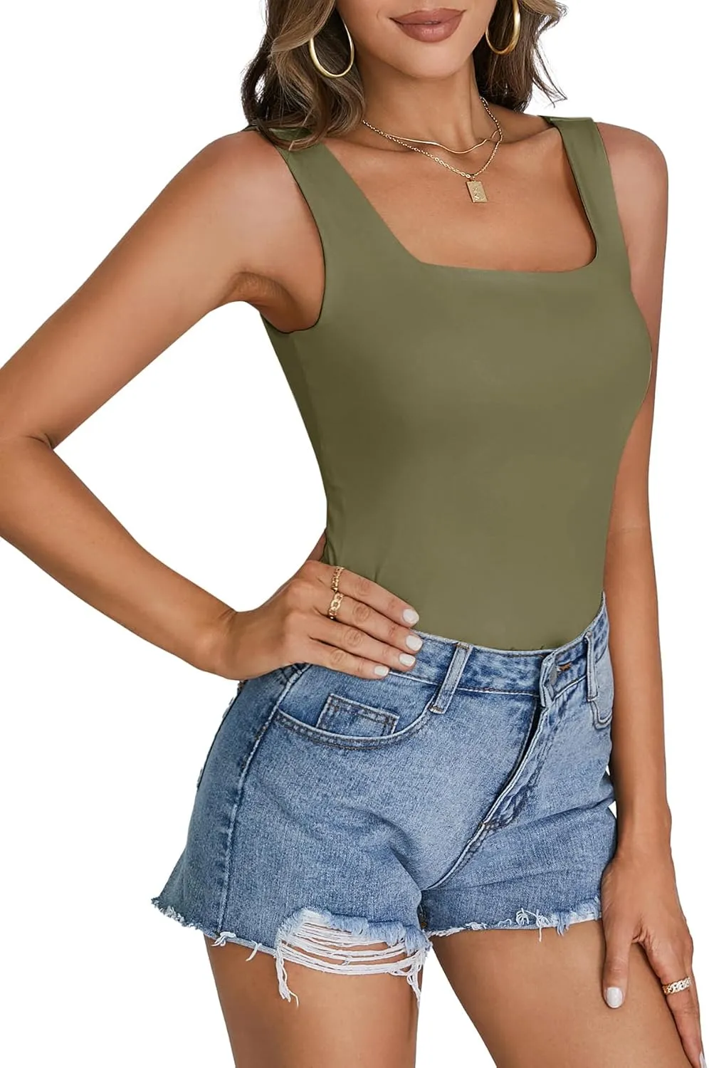 Umenlele Women's Summer Basic Deep Square Neck Sleeveless Solid Camisole Tank Top