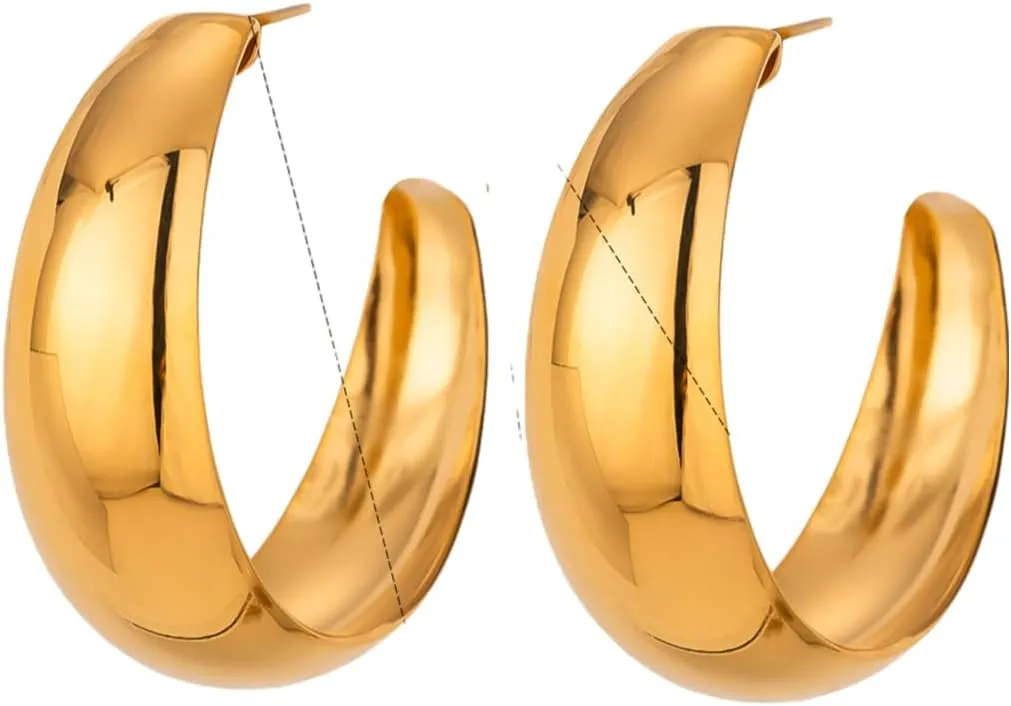 Unisex Golden Stainless Steel C-Shape Geometric Stud Earrings, Minimalist Glossy Finish