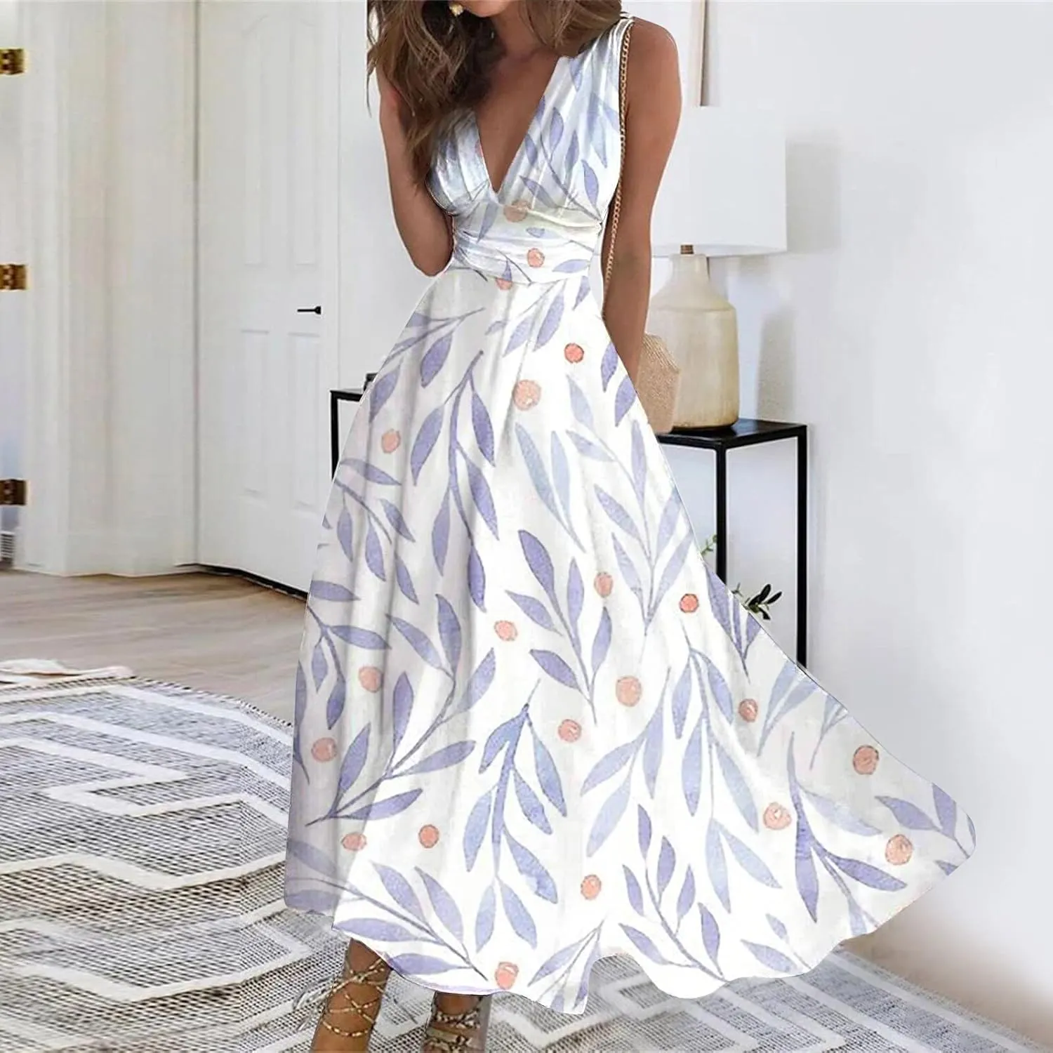 Vacation Dresses for Women Deep V Neck Floral Cute Long Dress Swing Casual Maxi Dresses Sleeveless Sexy Elegant Dress