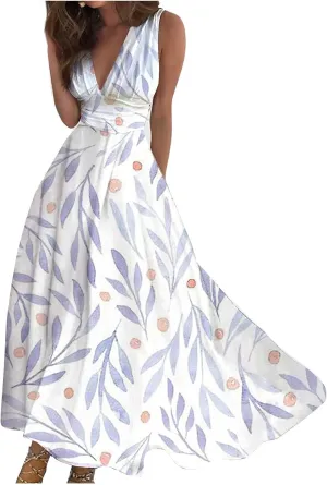 Vacation Dresses for Women Deep V Neck Floral Cute Long Dress Swing Casual Maxi Dresses Sleeveless Sexy Elegant Dress
