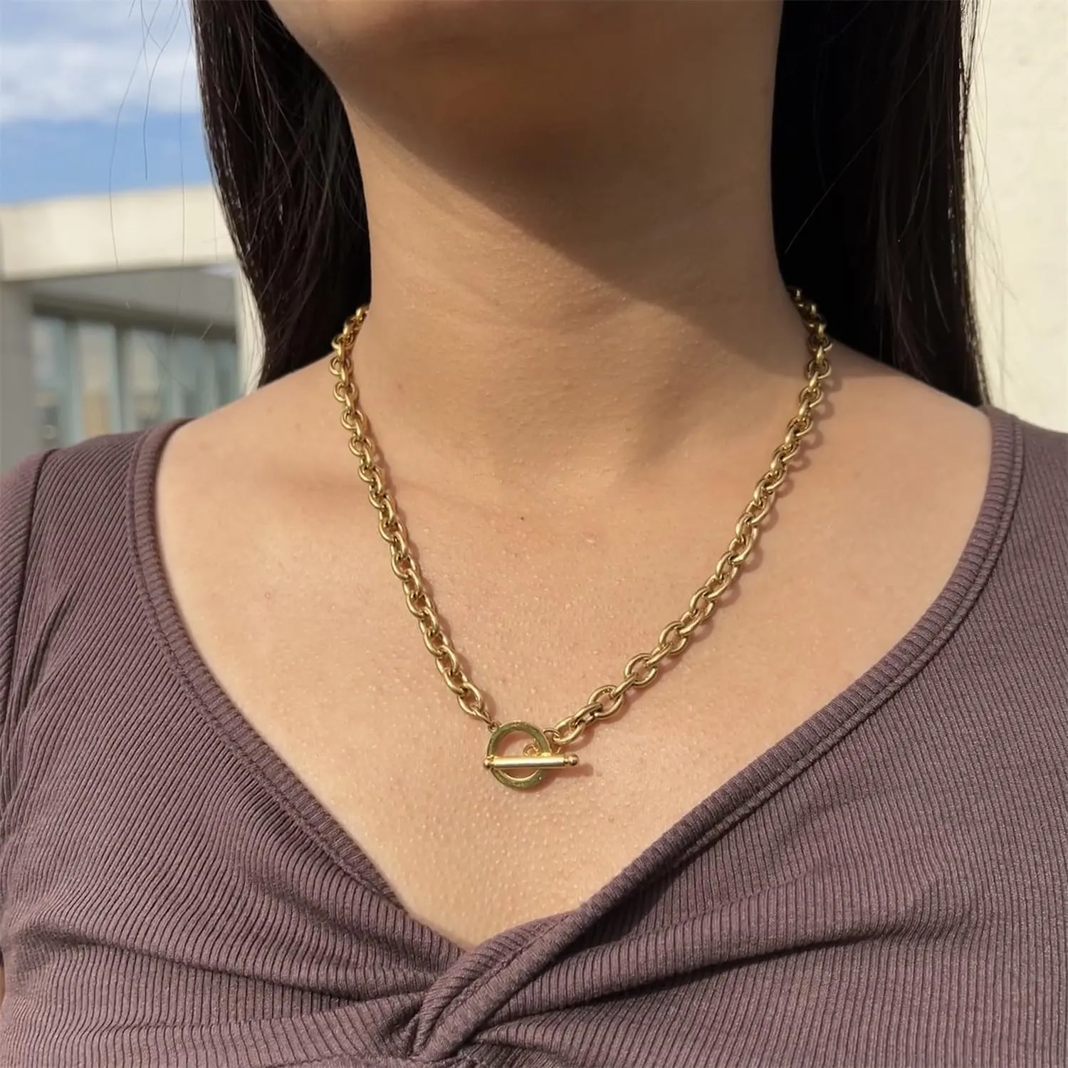 WangGao Stainless Steel Toggle Clasp Chunky Chain Necklace for Women Man,Statement Link T-Bar Clase Choker Necklaces