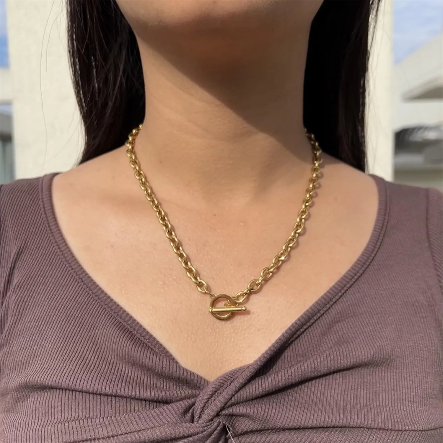 WangGao Stainless Steel Toggle Clasp Chunky Chain Necklace for Women Man,Statement Link T-Bar Clase Choker Necklaces