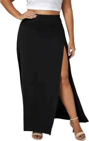 WDIRARA Women's Plus Size Split Long Maxi Skirts Side High Waist A-Line Casual Wrap Skirts