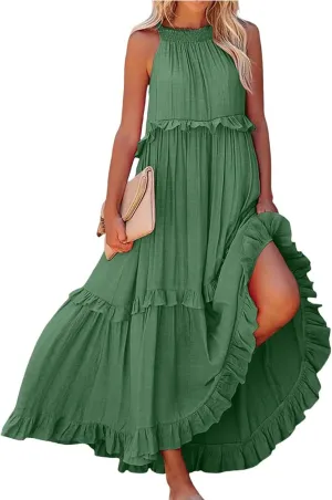 Wedding Guest Dresses for Women Sexy Halter Flowy Swing Maxi Dress Tiered Pleated Elegant Cocktail Formal Long Dress