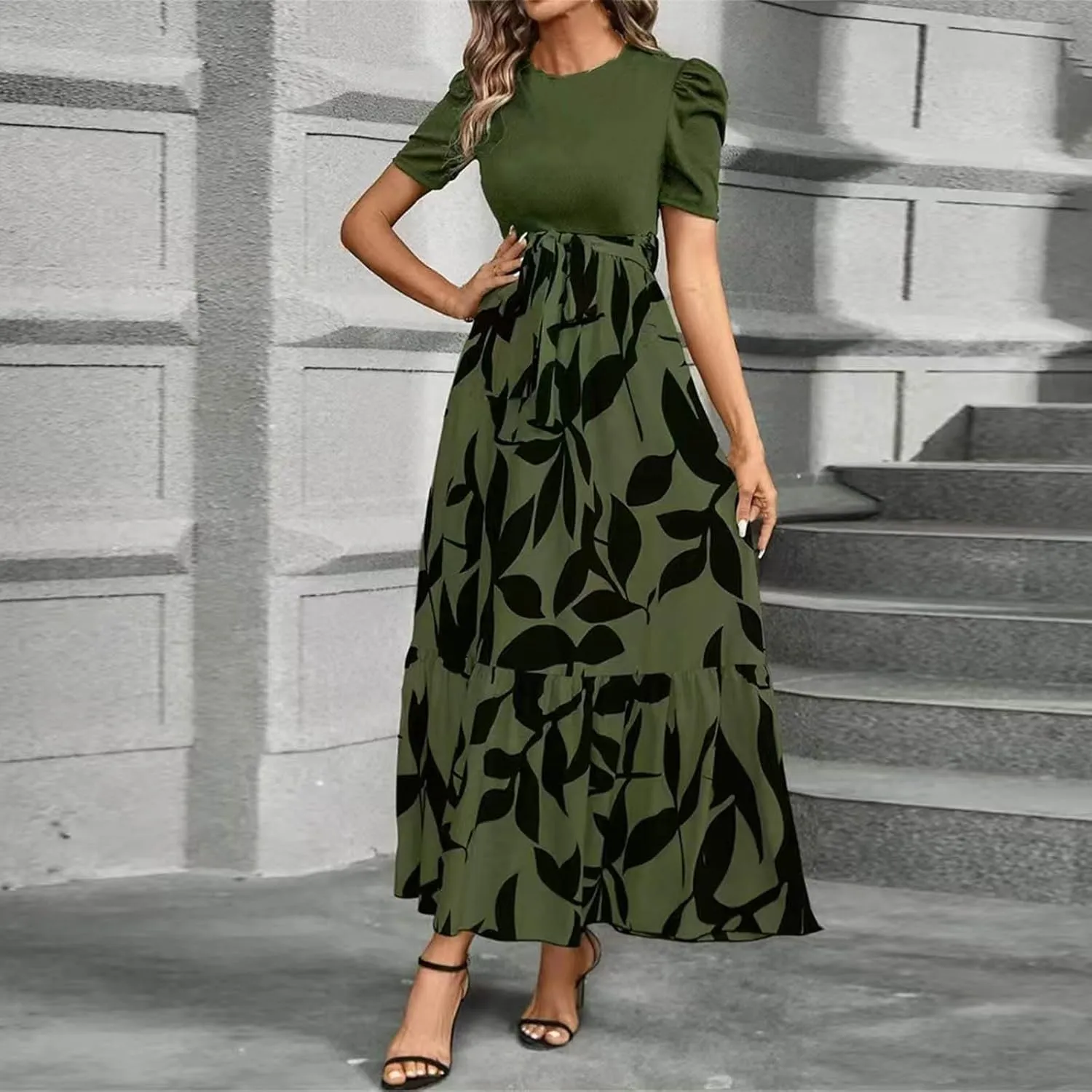Wedding Guest Dresses for Women Summer Short Sleeve Floral Long Dress Elegant Party Cocktail A Line Flowy Maxi Dress