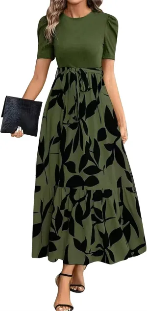 Wedding Guest Dresses for Women Summer Short Sleeve Floral Long Dress Elegant Party Cocktail A Line Flowy Maxi Dress
