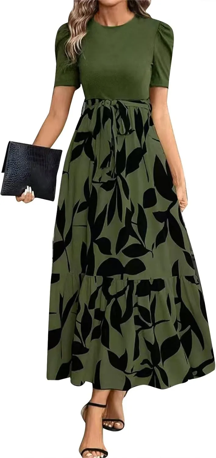 Wedding Guest Dresses for Women Summer Short Sleeve Floral Long Dress Elegant Party Cocktail A Line Flowy Maxi Dress