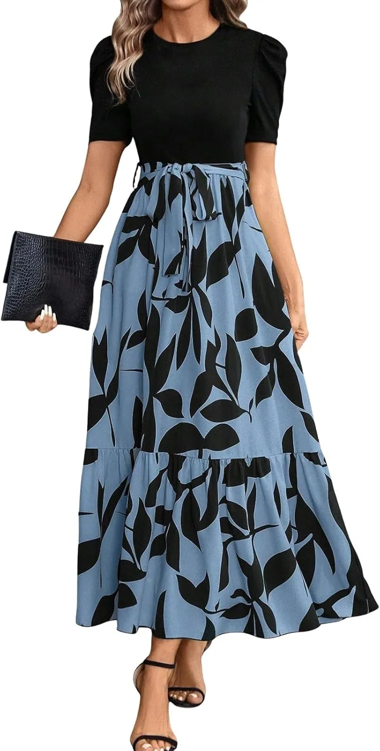 Wedding Guest Dresses for Women Summer Short Sleeve Floral Long Dress Elegant Party Cocktail A Line Flowy Maxi Dress
