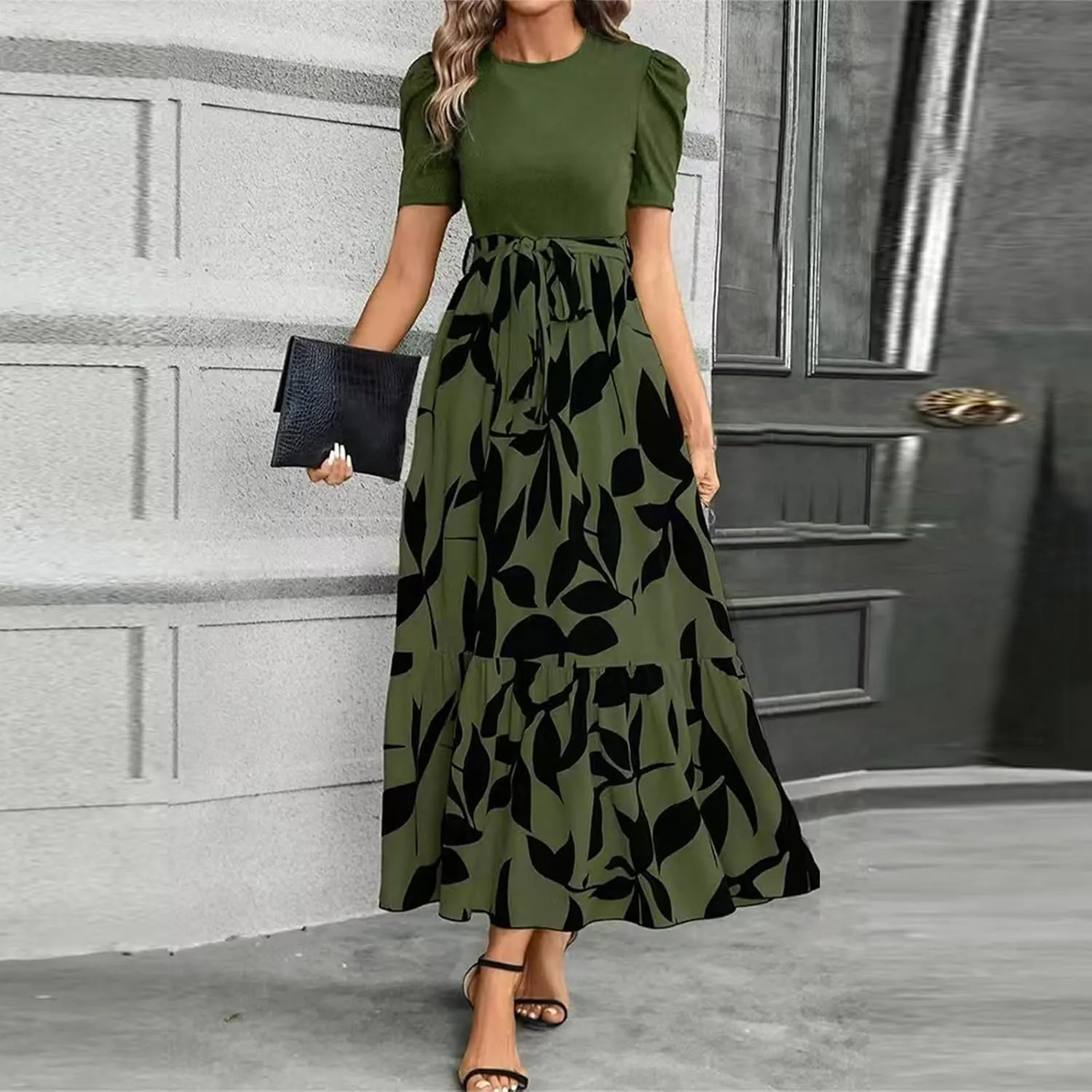Wedding Guest Dresses for Women Summer Short Sleeve Floral Long Dress Elegant Party Cocktail A Line Flowy Maxi Dress