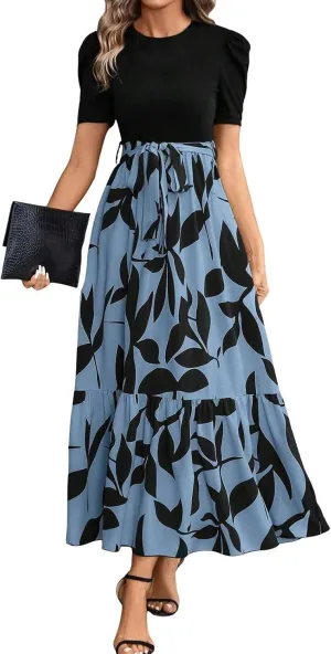 Wedding Guest Dresses for Women Summer Short Sleeve Floral Long Dress Elegant Party Cocktail A Line Flowy Maxi Dress