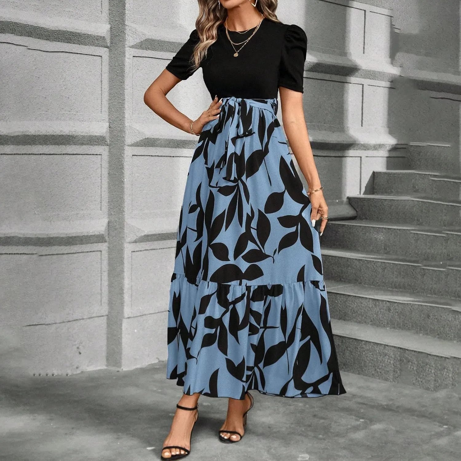 Wedding Guest Dresses for Women Summer Short Sleeve Floral Long Dress Elegant Party Cocktail A Line Flowy Maxi Dress