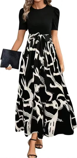 Wedding Guest Dresses for Women Summer Short Sleeve Floral Long Dress Elegant Party Cocktail A Line Flowy Maxi Dress