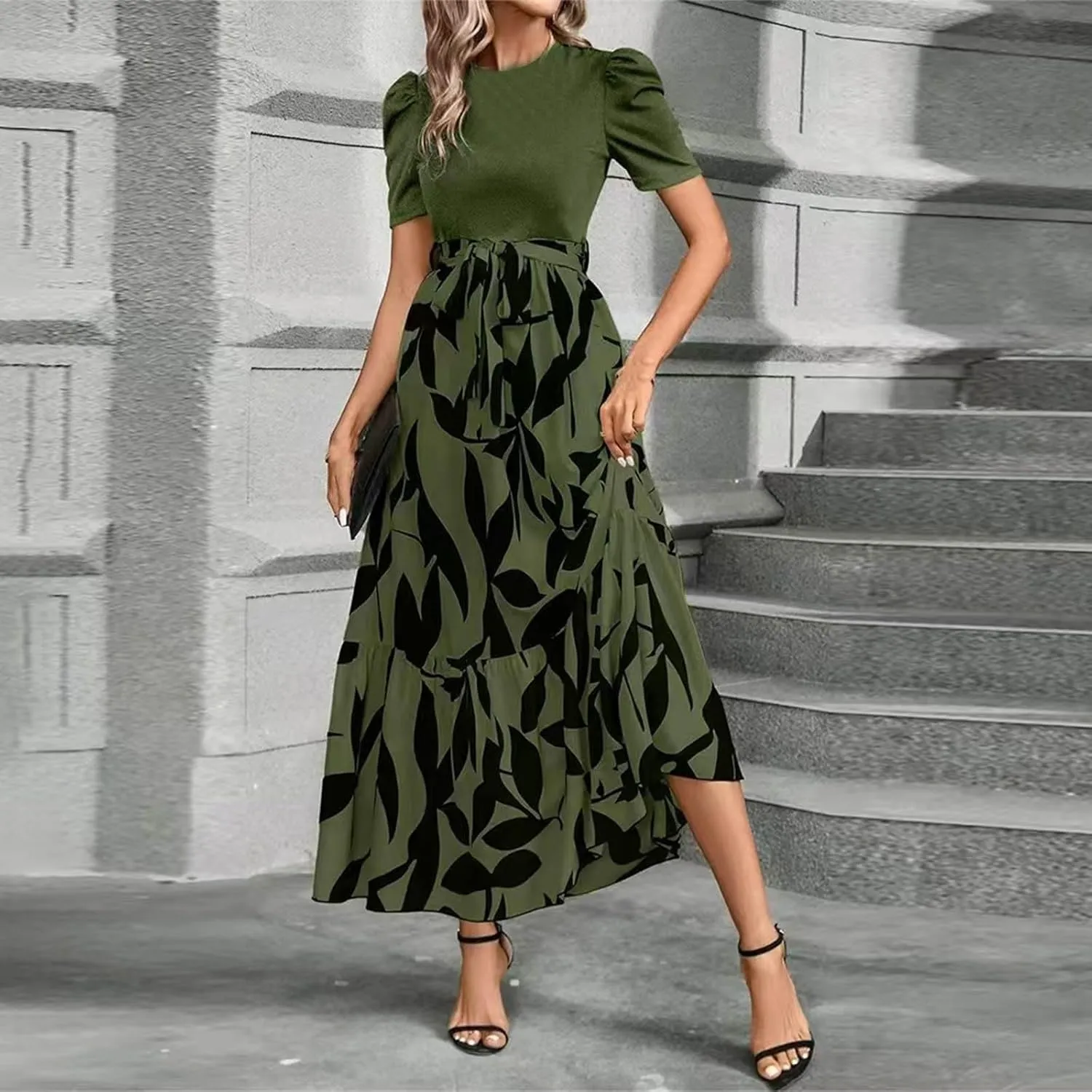 Wedding Guest Dresses for Women Summer Short Sleeve Floral Long Dress Elegant Party Cocktail A Line Flowy Maxi Dress