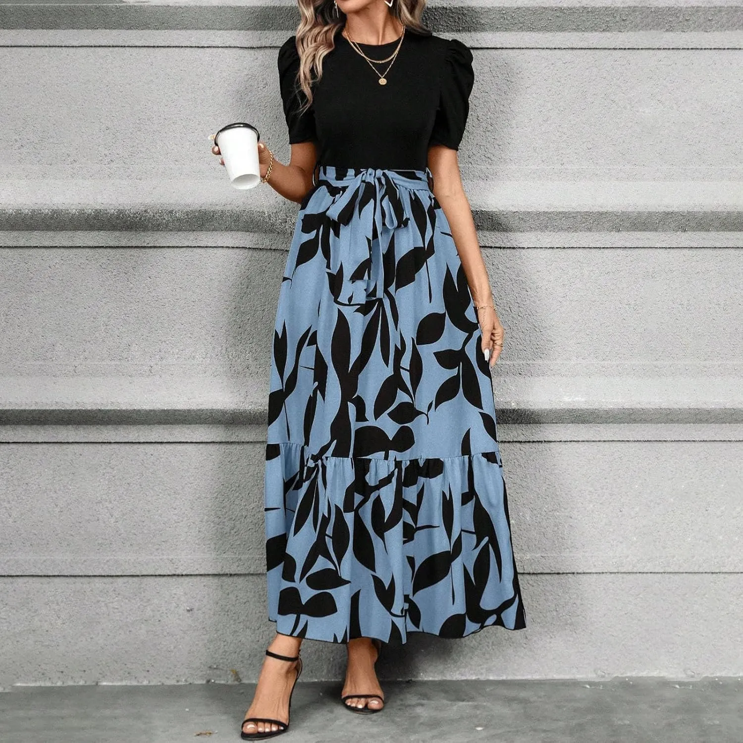 Wedding Guest Dresses for Women Summer Short Sleeve Floral Long Dress Elegant Party Cocktail A Line Flowy Maxi Dress