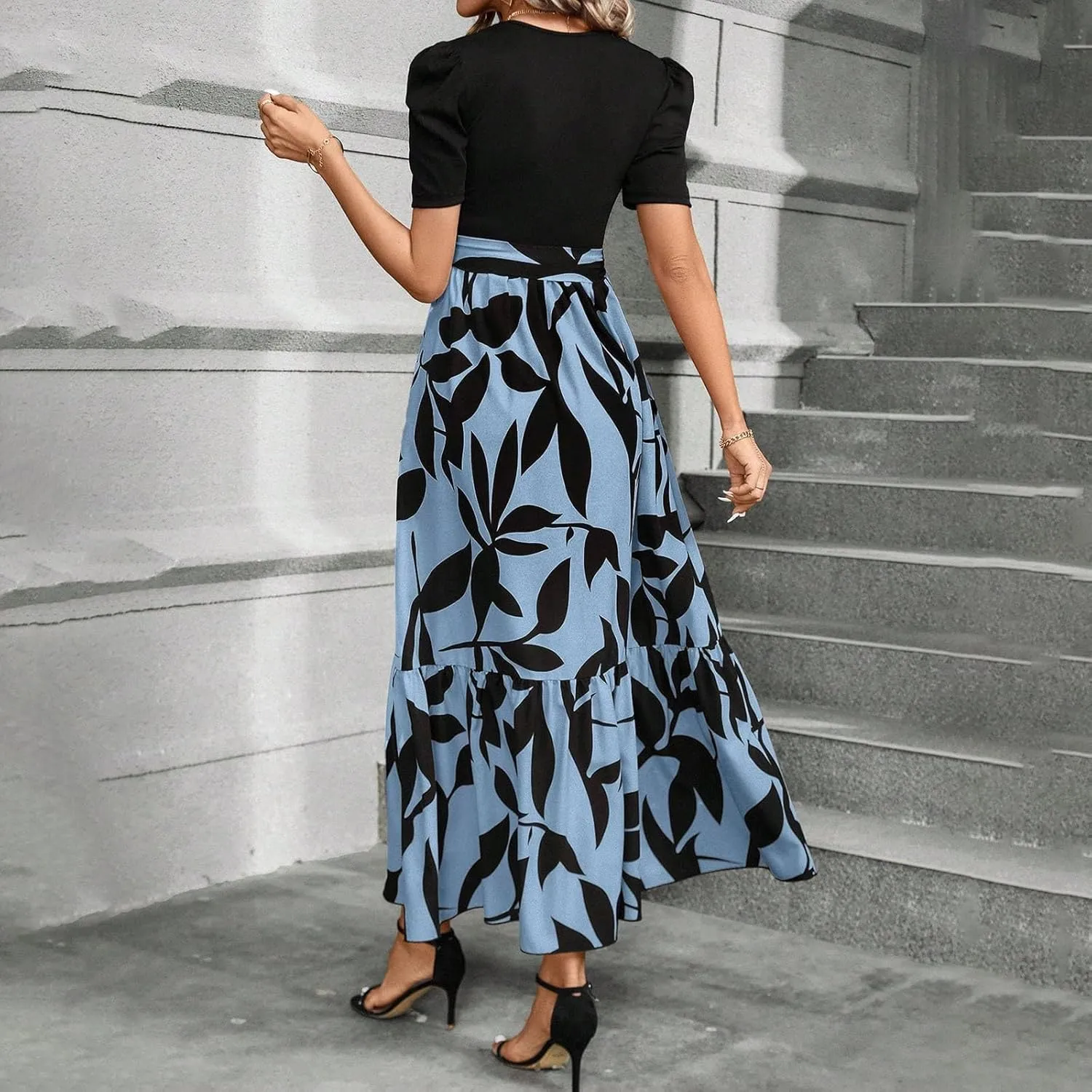 Wedding Guest Dresses for Women Summer Short Sleeve Floral Long Dress Elegant Party Cocktail A Line Flowy Maxi Dress