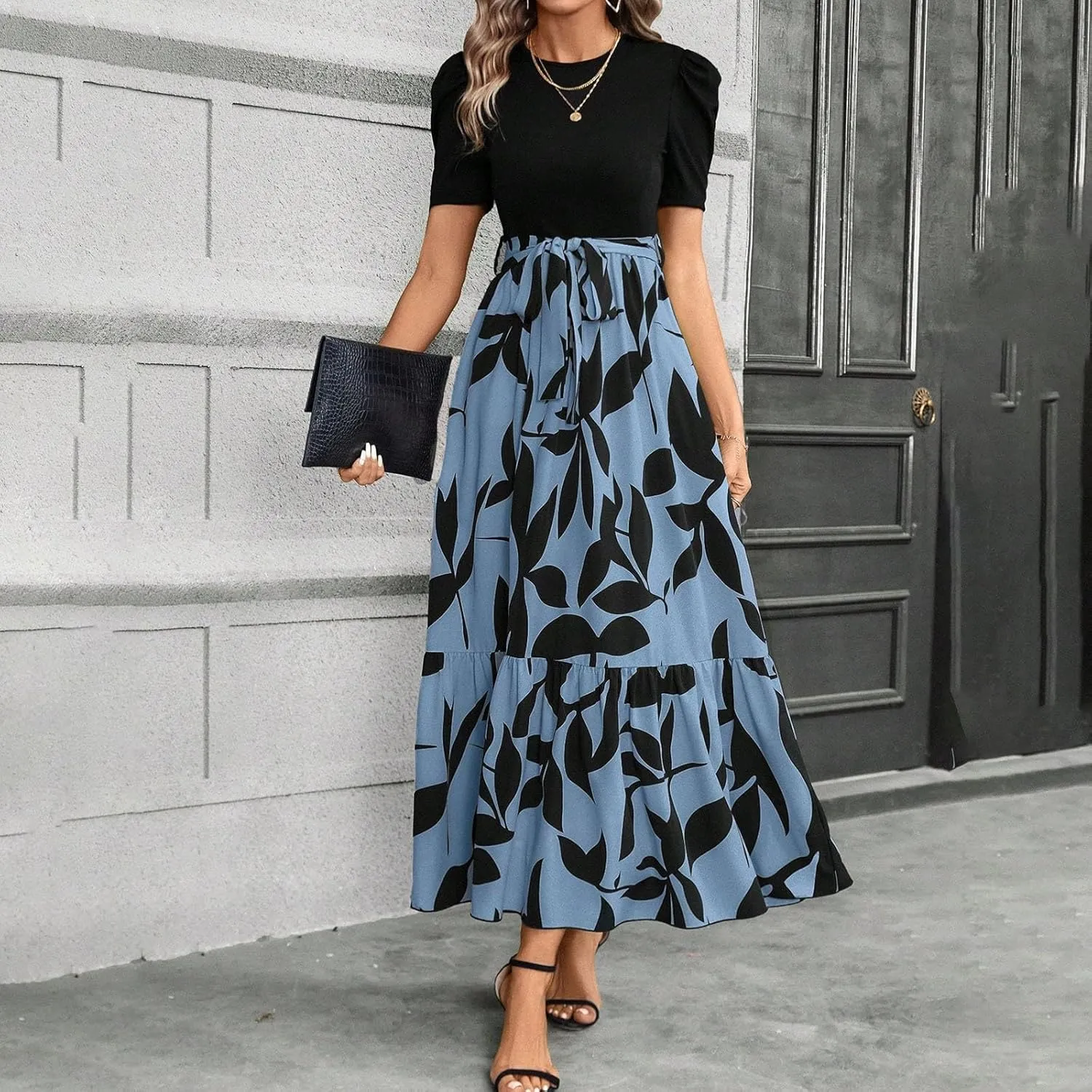 Wedding Guest Dresses for Women Summer Short Sleeve Floral Long Dress Elegant Party Cocktail A Line Flowy Maxi Dress