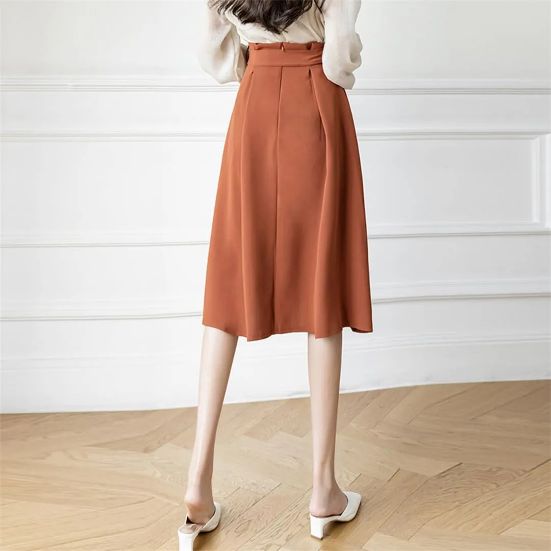 Women A-Line Skirts Elegant Ruffles Waist Bow Sashes Pleated Skirt Office Lady Vintage Midi Skirts