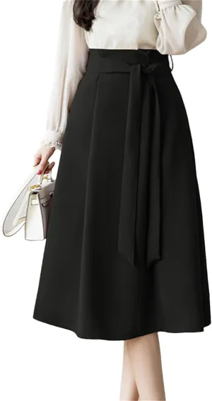 Women A-Line Skirts Elegant Ruffles Waist Bow Sashes Pleated Skirt Office Lady Vintage Midi Skirts