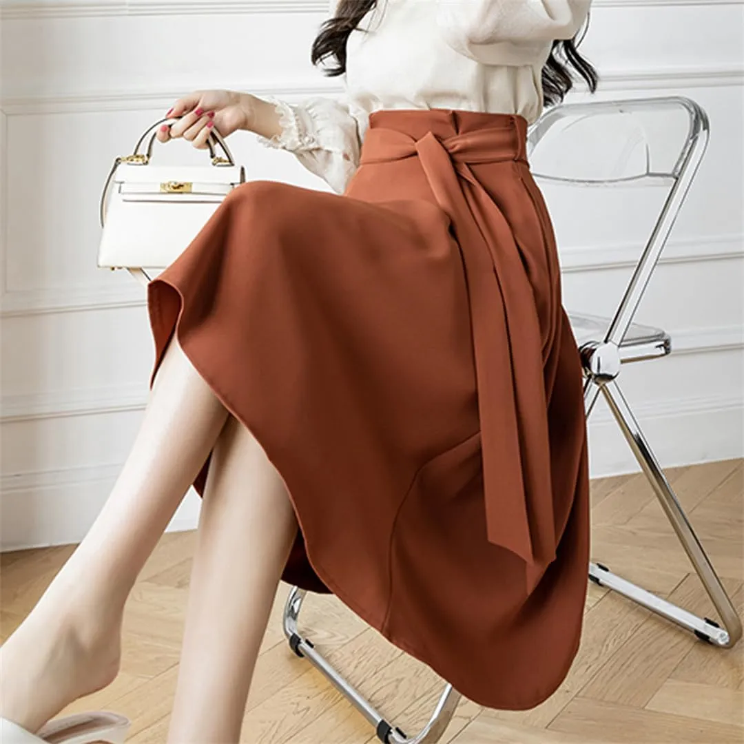 Women A-Line Skirts Elegant Ruffles Waist Bow Sashes Pleated Skirt Office Lady Vintage Midi Skirts