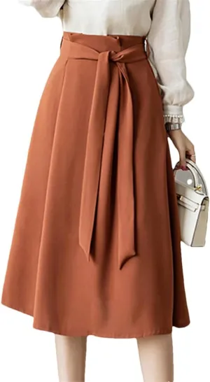 Women A-Line Skirts Elegant Ruffles Waist Bow Sashes Pleated Skirt Office Lady Vintage Midi Skirts