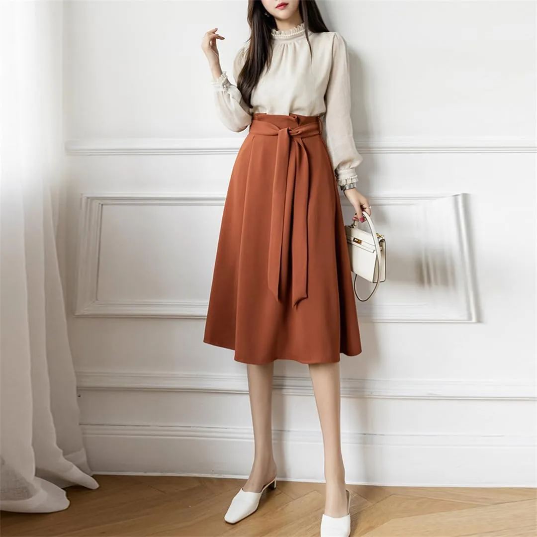 Women A-Line Skirts Elegant Ruffles Waist Bow Sashes Pleated Skirt Office Lady Vintage Midi Skirts