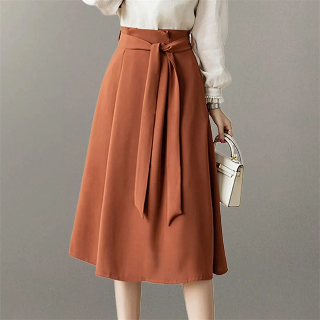 Women A-Line Skirts Elegant Ruffles Waist Bow Sashes Pleated Skirt Office Lady Vintage Midi Skirts